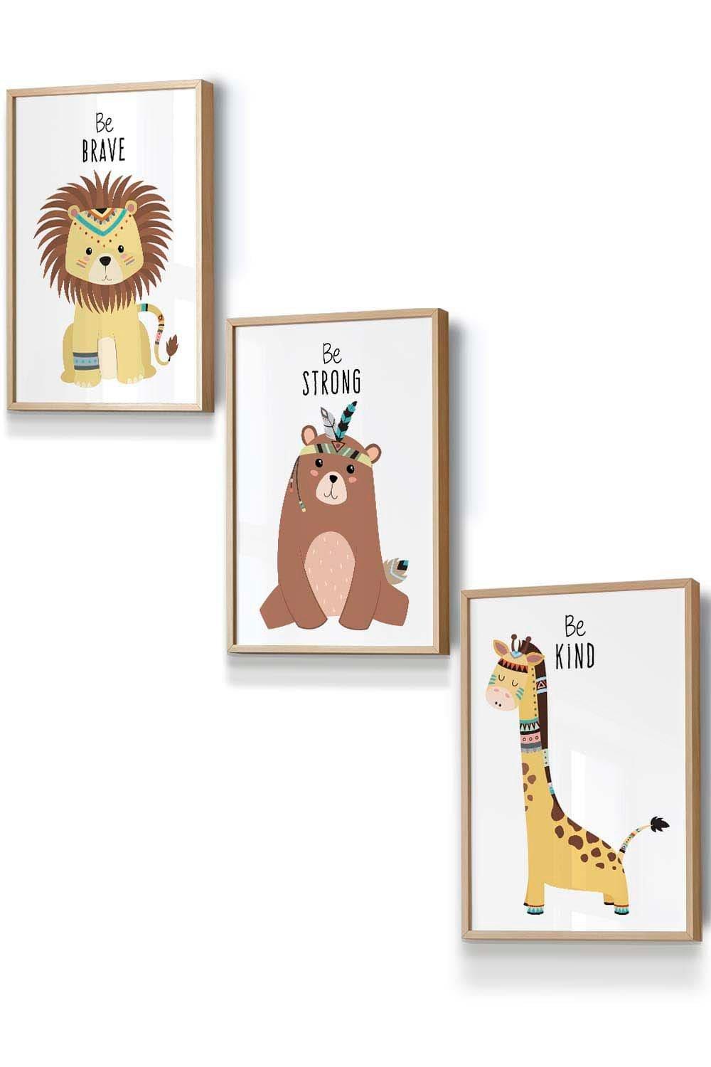 Nursery Tribal Lion, Bear, Giraffe Quote Prints Framed Wall Art - Small